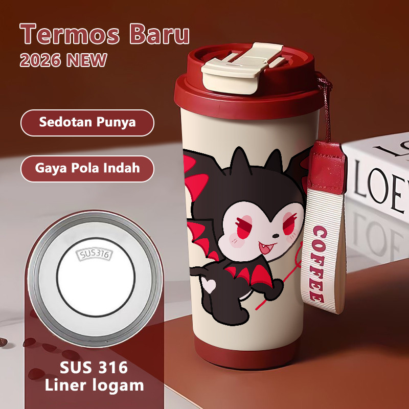Kuromi Iblis kecil cos Lucu Hadiah Perempuan Termos Portabel 500ml Cangkir Kopi Merah Botol Premium 