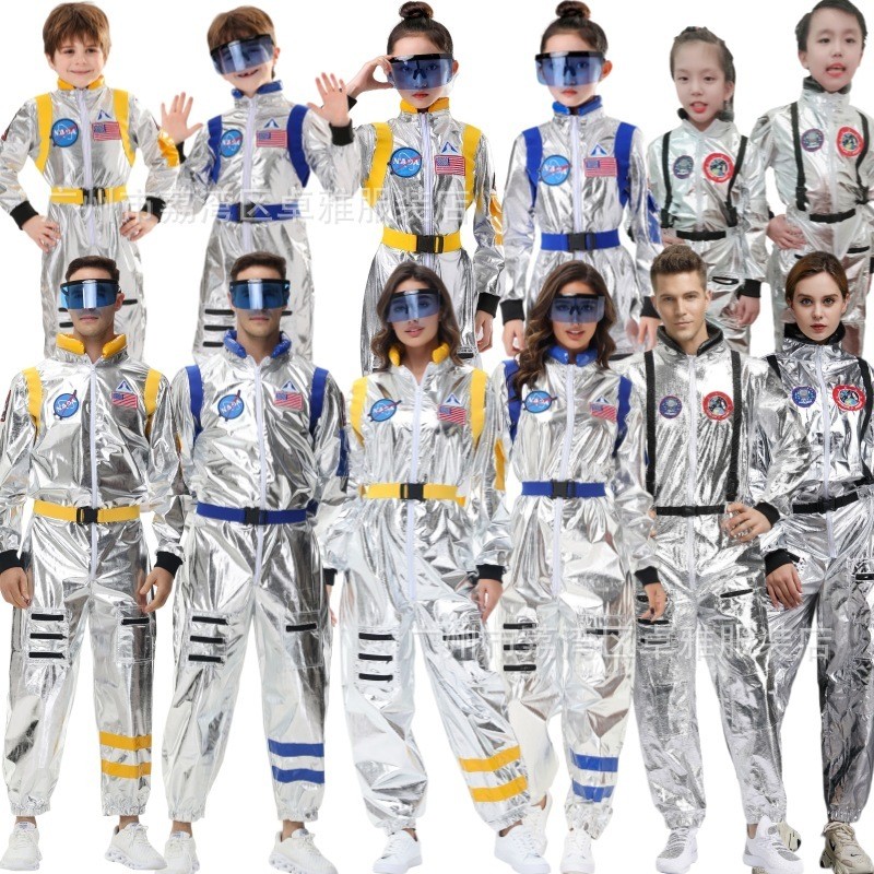 Kostum Halloween Orang Tua-Anak Astronot Luar Angkasa Jumpsuit Perak Unisex Dewasa Pakaian Pertunjuk