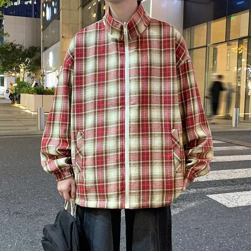 Kemeja Pria Korea Lengan Panjang Kotak-Kotak Merah Muda Longgar Tepi Robek Trendy     Jaket Pelindun