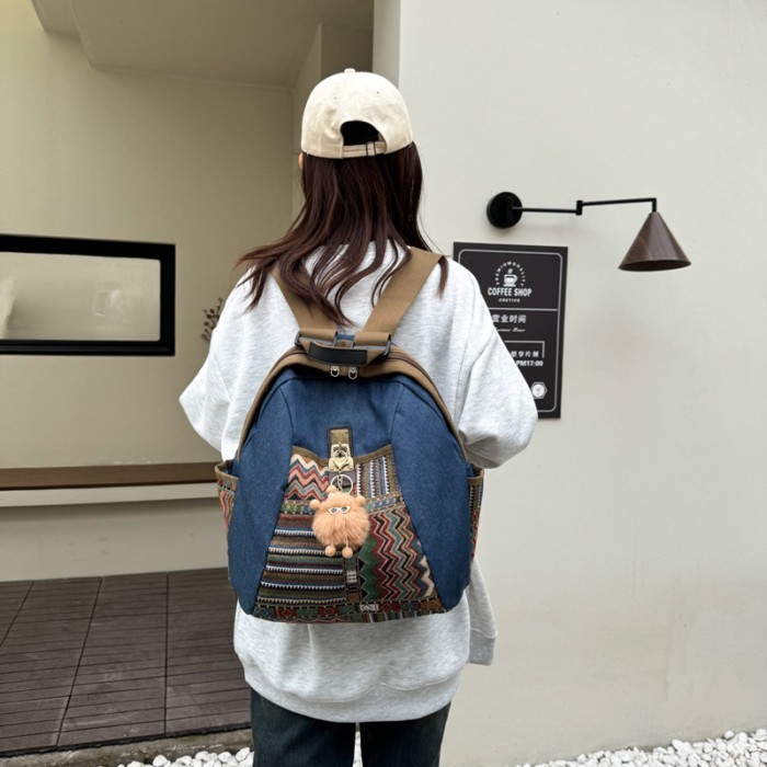 Tas Ransel Wanita Denim Etnik dengan Sulaman Tradisional Kapasitas Besar Tas Travel Tas Kerja Tas Vi