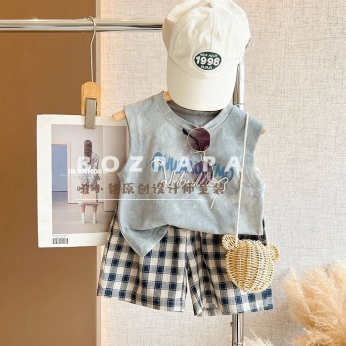Set Rompi Musim Panas Anak Laki-laki 2026 Rompi Cetak Tie-Dye Korea Anak-anak Celana Pendek Kotak-k
