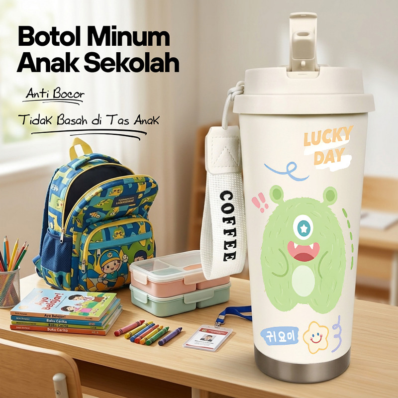 Botol Minum Anak Monster Imut 500ML SUS316 BPA Free | Anti Bocor 100% | Tahan Panas & Dingin 12 Jam 