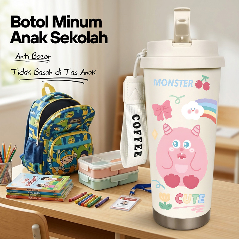 Botol Minum Anak Monster Imut 500ML SUS316 BPA Free | Anti Bocor 100% | Tahan Panas & Dingin 12 Jam 