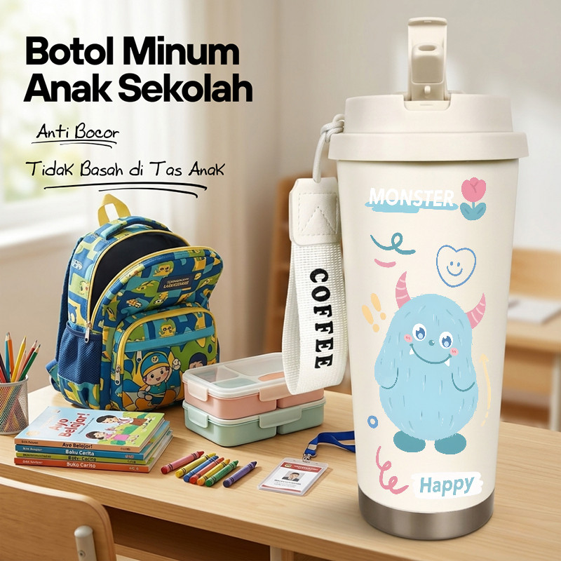 Botol Minum Anak Monster Imut 500ML SUS316 BPA Free | Anti Bocor 100% | Tahan Panas & Dingin 12 Jam 