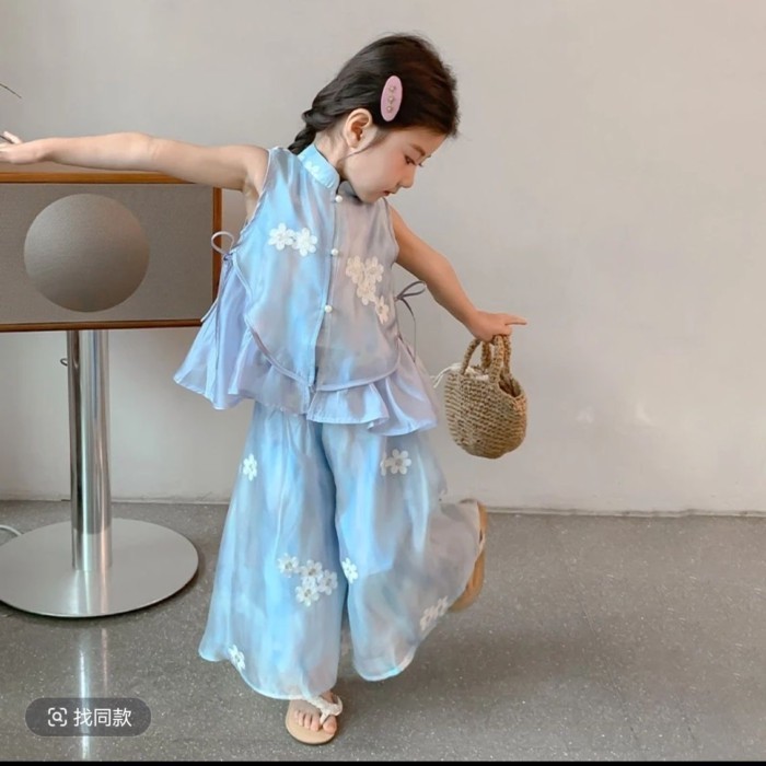 Setelan Anak Perempuan Hanfu Musim Panas Setelan Cina Dua Potong Pakaian Anak-anak Longgar Hanfu Gay