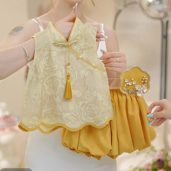 Setelan Gaya Cina Anak Perempuan Tianxiaosi Pakaian Bayi Perempuan Baru Musim Panas 2025 Baju Musim