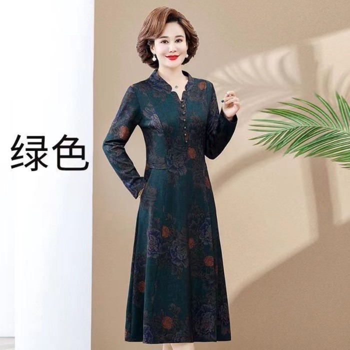 Gaun Kelas Atas Setengah Baya Gaya Baru Rok Temperamen Musim Semi dan Musim Gugur Ibu Modis Lengan P