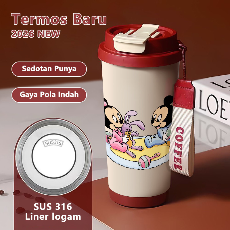 Mickey Minnie Waktu kecil Lucu Hadiah Perempuan Termos Portabel 500ml Cangkir Kopi Merah Botol Premi