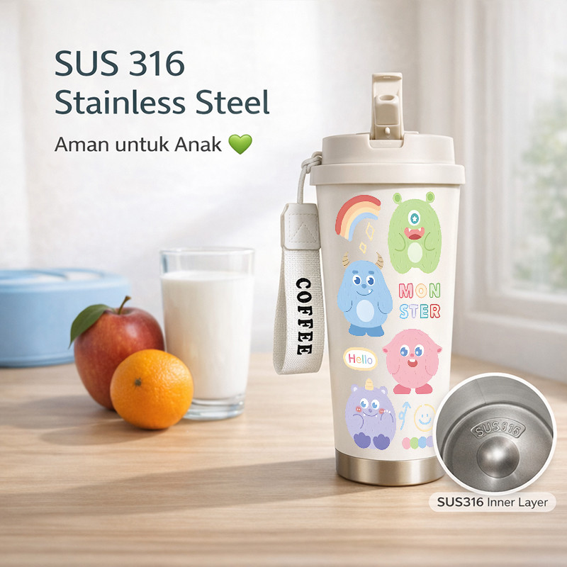 Botol Minum Anak Monster Imut 500ML SUS316 BPA Free | Anti Bocor 100% | Tahan Panas & Dingin 12 Jam 