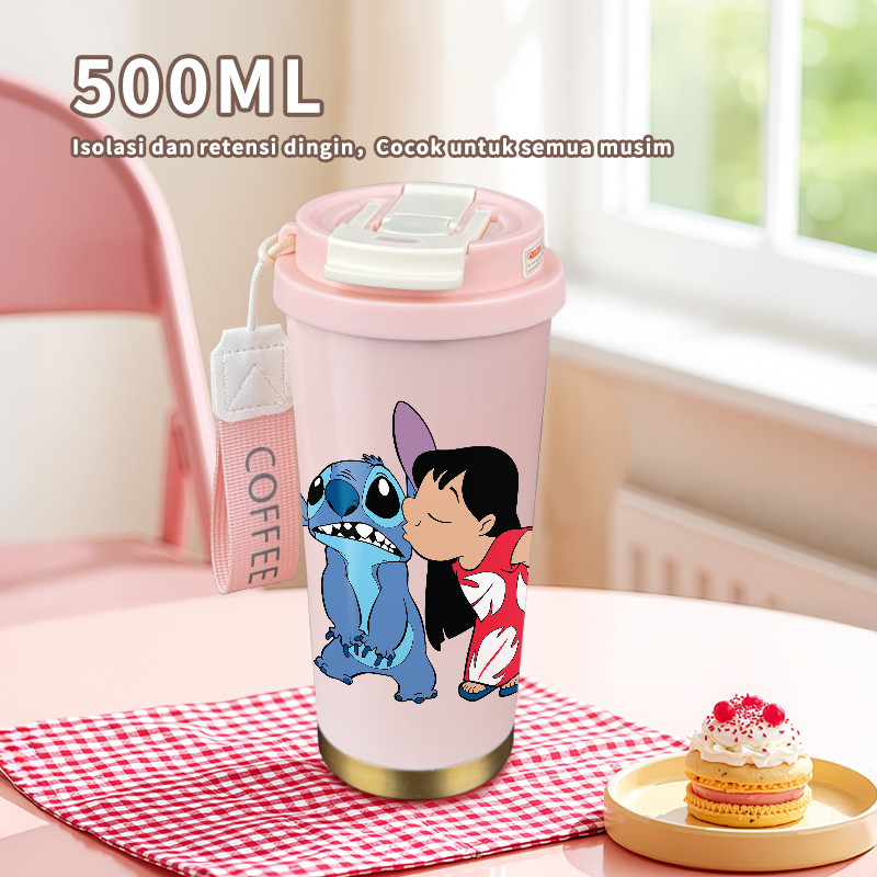 Lilo Stitch Kiss Termos Olahraga Portabel Baja Tahan Karat 316 - Botol Vakum Berinsulasi 500ml - Ret