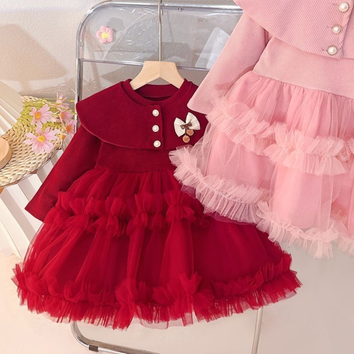 Gaun Kue Bergaya Anak Perempuan Gaun Putri Bayi Perempuan Lengan Panjang Baru Gaun Korea Dua Potong 