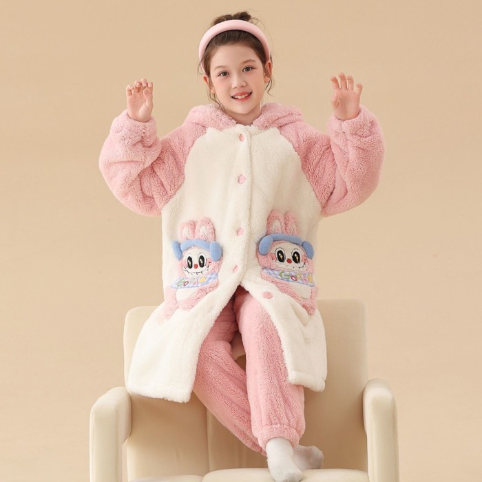 Piyama Anak Musim Dingin Baru Ditambah Beludru dan Piyama Berkerudung Tebal Kain Kartun Hangat dan