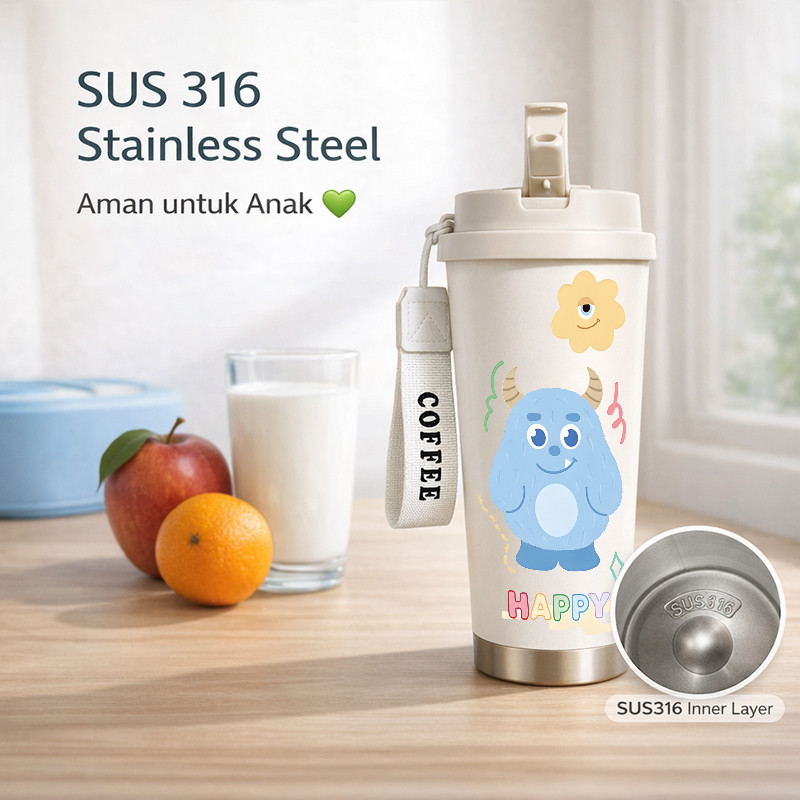 Botol Minum Anak Monster Imut 500ML SUS316 BPA Free | Anti Bocor 100% | Tahan Panas & Dingin 12 Jam 