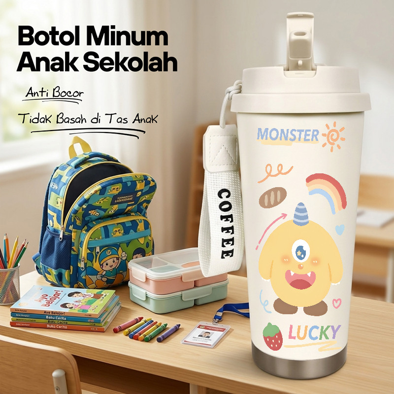 Botol Minum Anak Monster Imut 500ML SUS316 BPA Free | Anti Bocor 100% | Tahan Panas & Dingin 12 Jam 