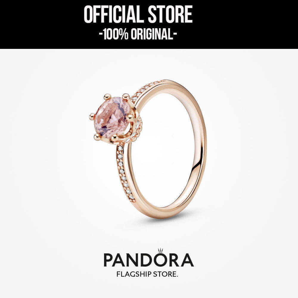 Pandora 14k Rose Gold Plated Pink Sparkling Crown Solitaire Ring Cincin Wanita Manis & Elegan | Perh