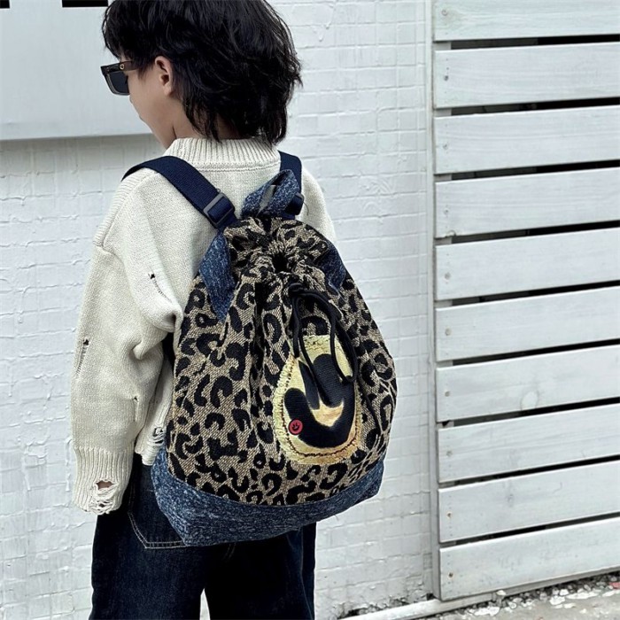 Ransel Anak Perempuan Motif Macan Tutul Ransel Denim Ringan Anak Laki-laki Ransel Serut Motif Macan 