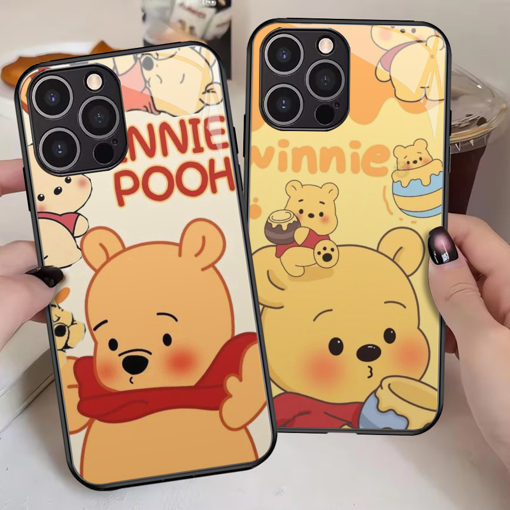 G-32 Cute Winnie the Pooh HD Kaca Casing untuk iPhone 15 8 XR 6S XS 7 X 6 Plus Pro Max Case