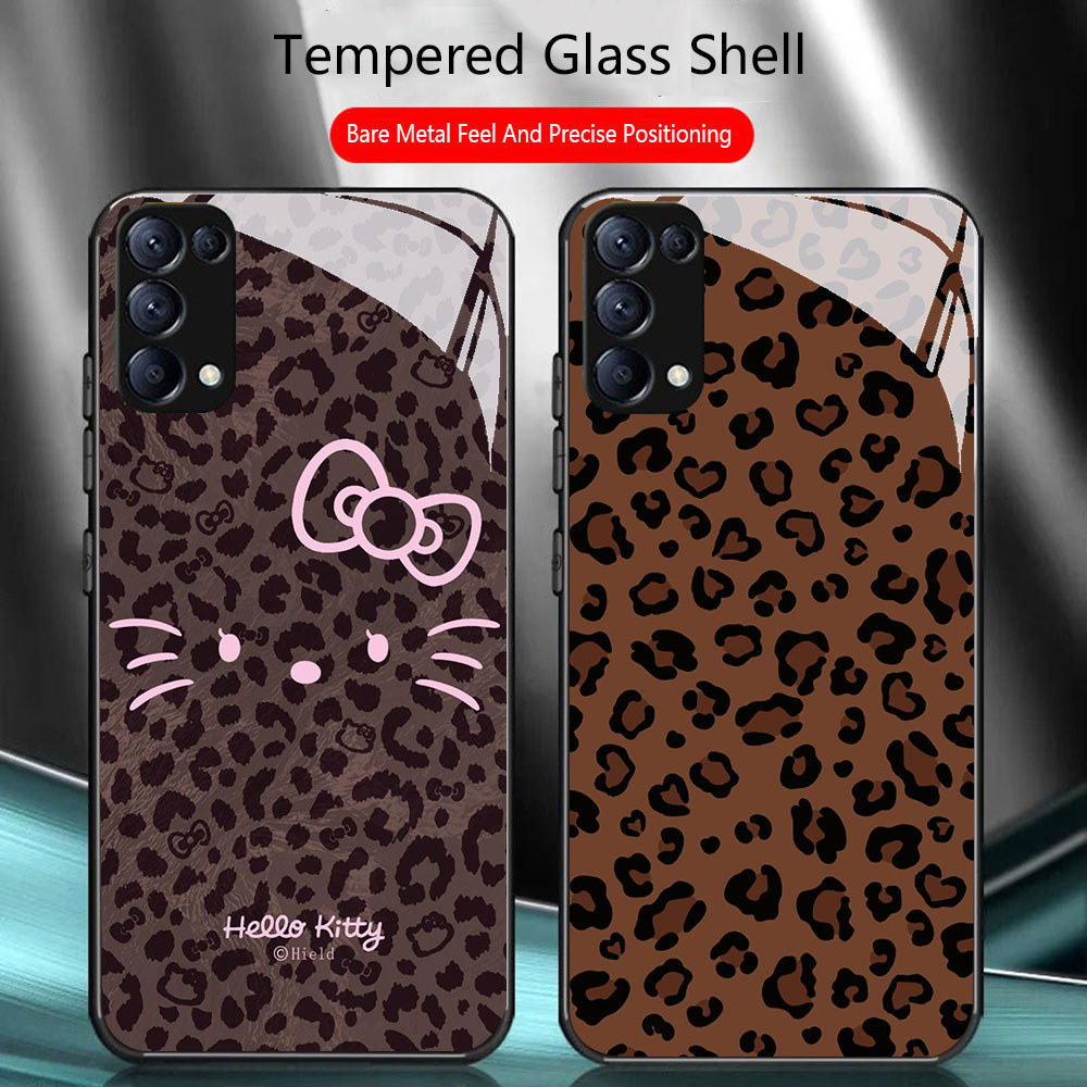 TS-61 Hello Kitty Leopard HD Glass Casing HP OPPO A91 F15 Reno 3 4 5 6 6Z 7