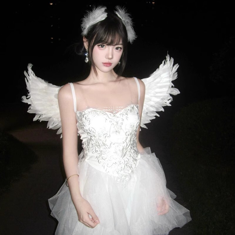 Anting Kostum Malaikat Bulu Pure Desire Halloween Angsa Sayap Putih Set Aksesori Pesta Cosplay Berku