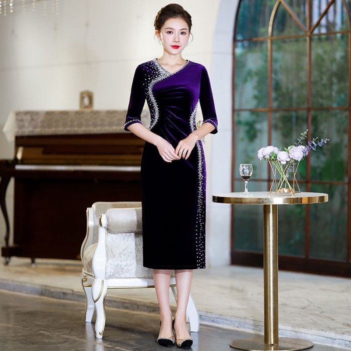 Gaun Malam Pernikahan Ibu, Gaun Musim Semi, Beludru Emas Kelas Atas, Gaun Roti Bakar Pernikahan Nene