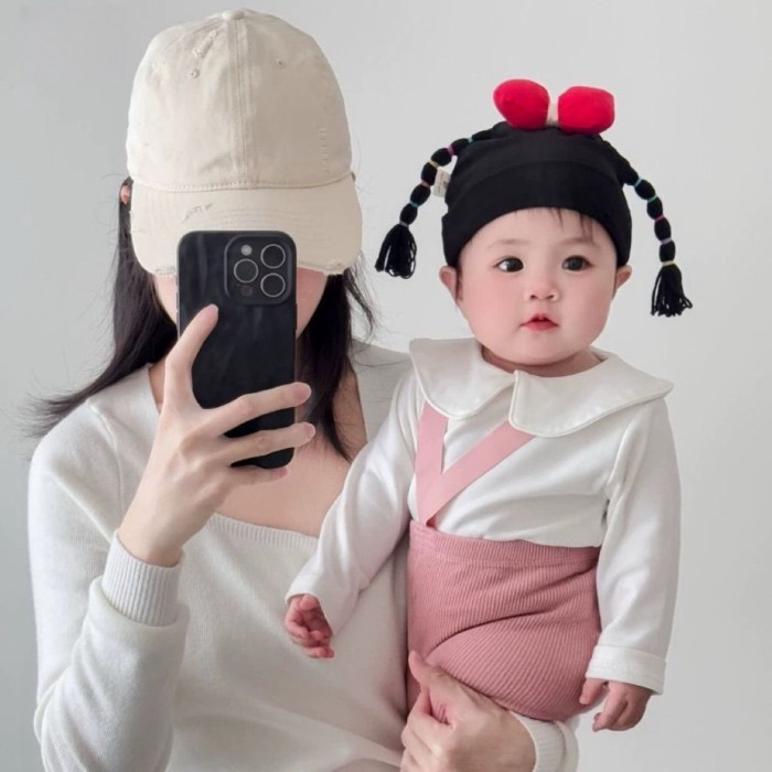 Topi Bayi Musim Semi dan Musim Gugur Topi Kepang Kecil Super Lucu Lucu Musim Semi dan Musim Gugur To