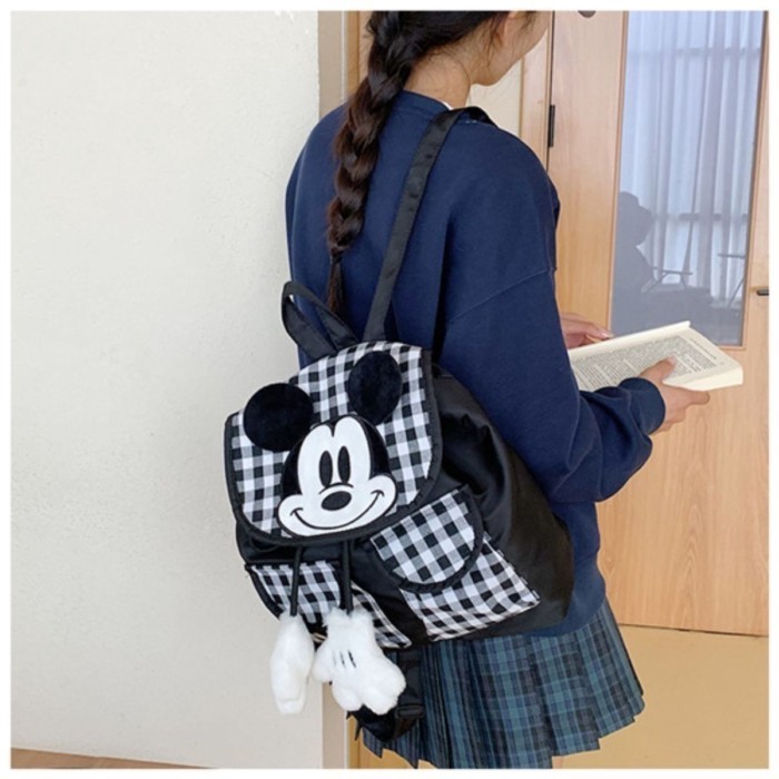 Ransel Lucu Korea Tas Pelajar Kampus Kotak-kotak Hitam dan Putih Mickey Ransel Gaya Ins Kartun untuk
