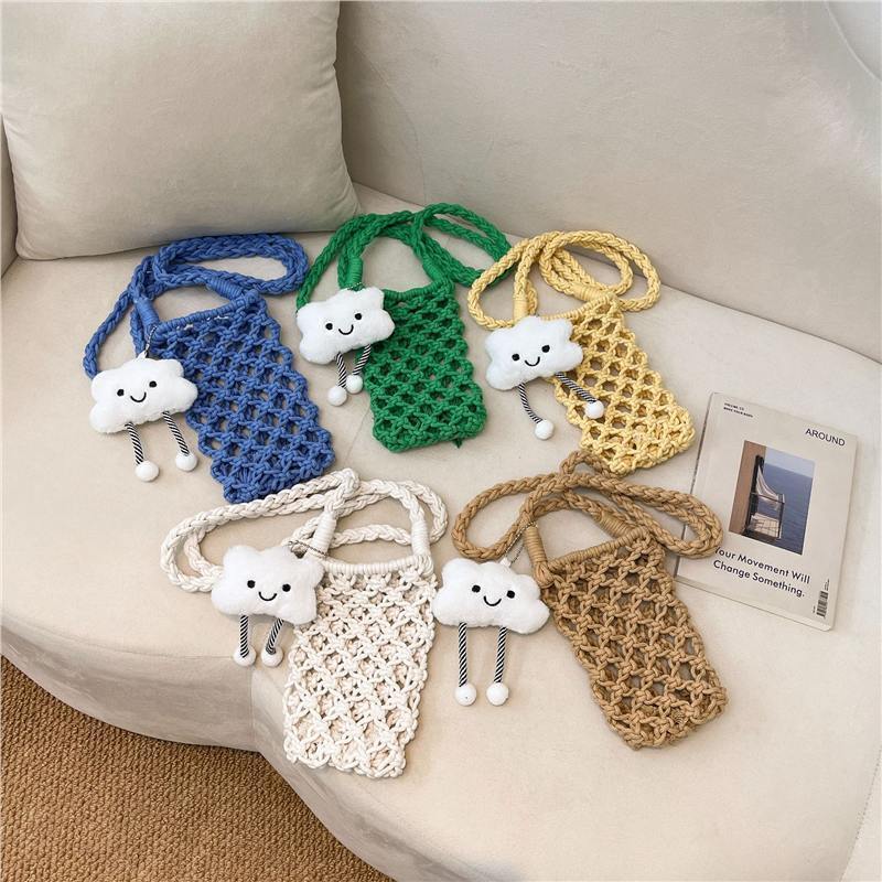 Tas Rajut Berongga Buatan Tangan, Tas Benang Katun, Selempang Jaring Ponsel