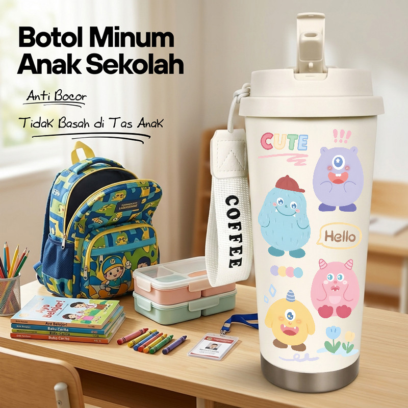 Botol Minum Anak Monster Imut 500ML SUS316 BPA Free | Anti Bocor 100% | Tahan Panas & Dingin 12 Jam 