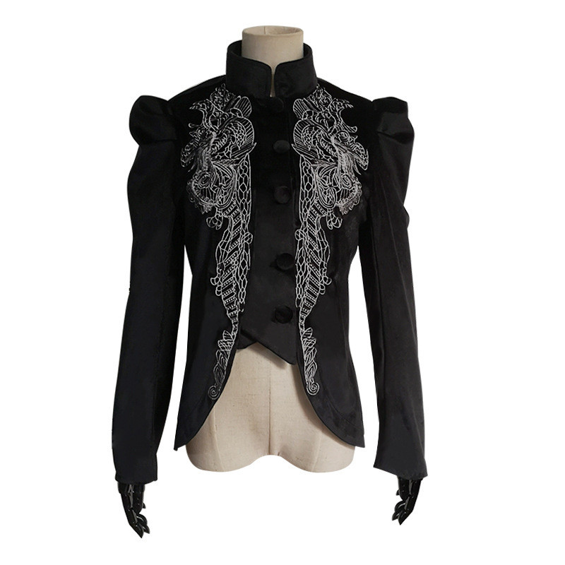 Kostum Cosplay Jaket Mantel Gothic Wanita Punk Panjang Hitam Bordir Bunga Lengan Lentera Slim Pakaia