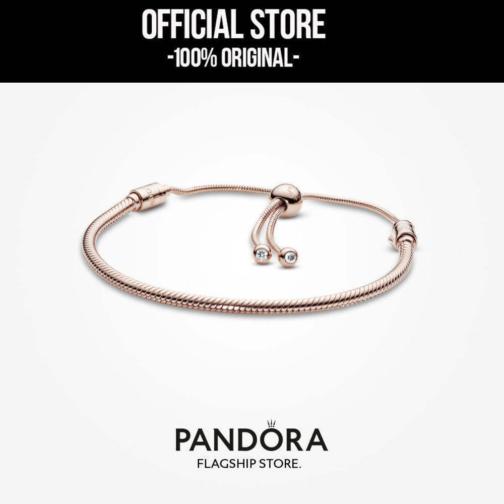 Pandora Moments 14k Rose Gold Plated Snake Chain Slider Bracelet Gelang Wanita Manis & Elegan | Perh