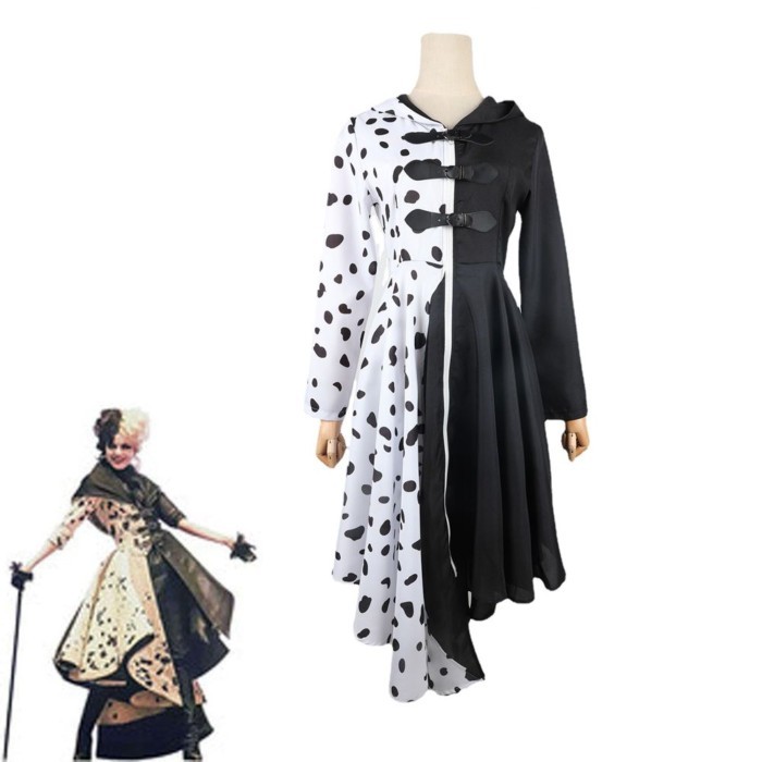 Gaun Cosplay Film 101 Anjing Setia Cos Penyihir Hitam dan Putih Cruella Deville Kostum Pertunjukan P