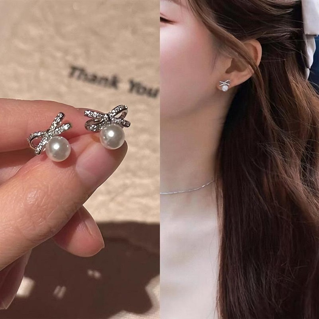 Anting Anting-anting Zhao Lusi Gaya Sama Pita Mutiara untuk Wanita Jarum Perak S925 Desain Niche Mew