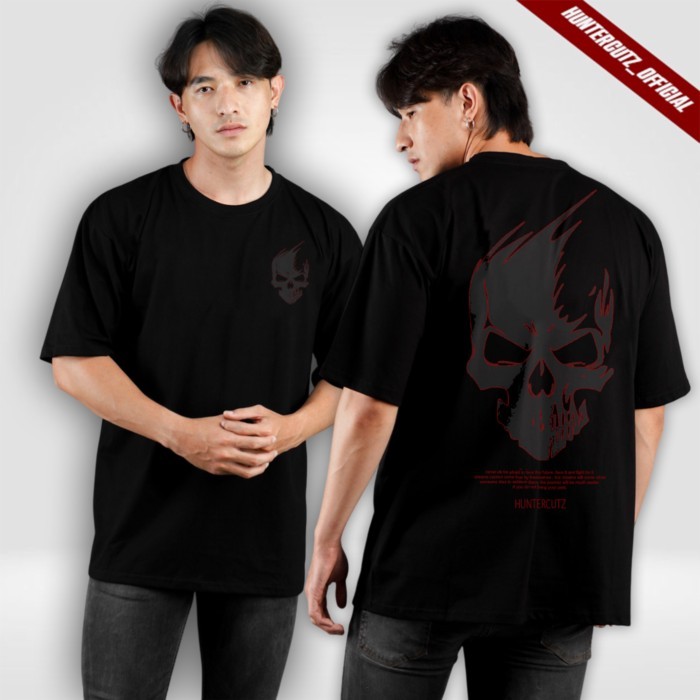 HUNTERCUTZ - kaos oversize pria couture hitam tengkorak merah