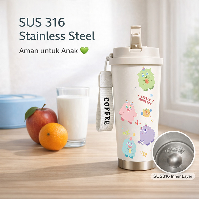 Botol Minum Anak Monster Imut 500ML SUS316 BPA Free | Anti Bocor 100% | Tahan Panas & Dingin 12 Jam 