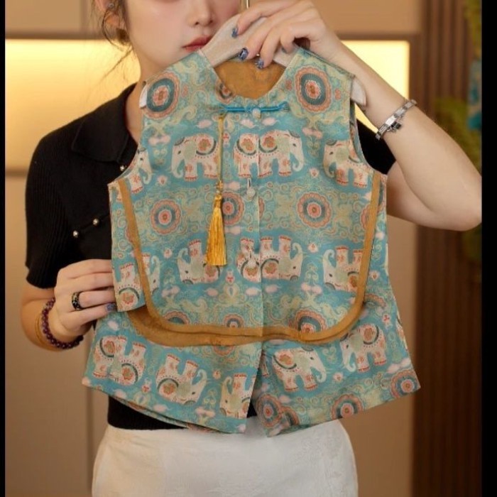 Celana Pendek Rompi Gaya Cina Musim Panas Anak-anak Set Dua Potong Gaya Cina Pakaian Anak-anak untu