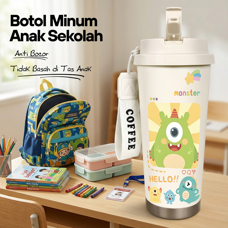 Botol Minum Anak Monster Imut 500ML SUS316 BPA Free | Anti Bocor 100% | Tahan Panas & Dingin 12 Jam 