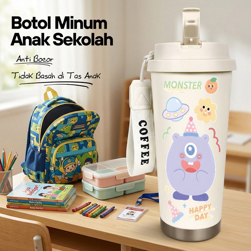 Botol Minum Anak Monster Imut 500ML SUS316 BPA Free | Anti Bocor 100% | Tahan Panas & Dingin 12 Jam 