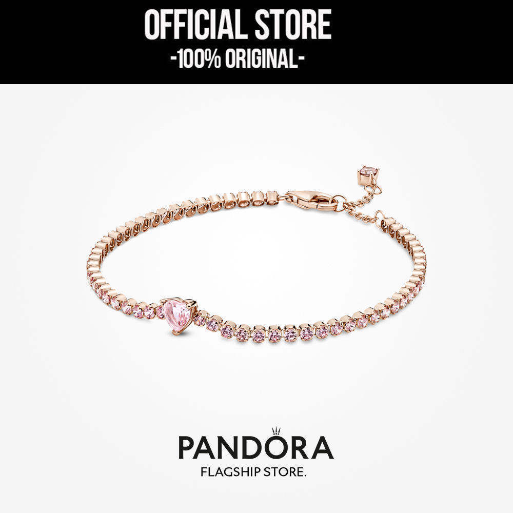Pandora 14k Rose Gold Plated Sparkling Heart Tennis Bracelet Gelang Wanita Manis & Elegan | Perhiasa