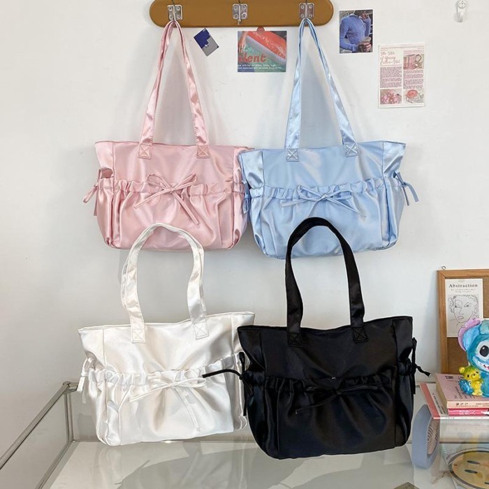 Tas Bahu Pita Berlipat Jepang Tas Tote Modis Tas Tangan Gaya Feminin Berlipat Balet Satin Mutiara