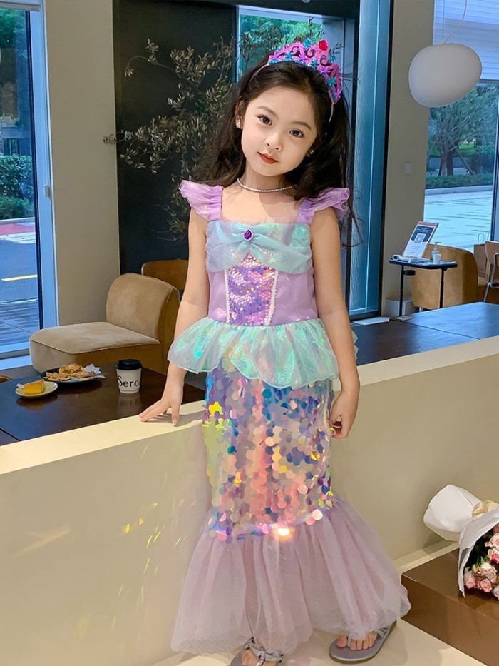 dress Gaun Putri Duyung Anak Perempuan 2024 Gaun Gaya Putri Duyung Baru Putri Payet Anak-anak