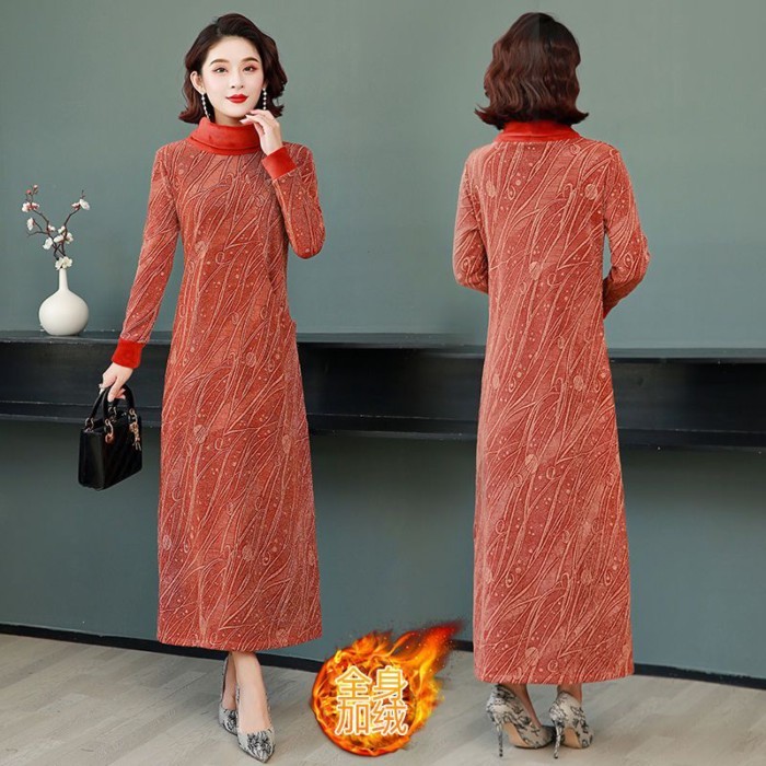 Gaun Tebal Musim Gugur dan Musim Dingin untuk Wanita Pakaian Ibu Setengah Baya Panjang Di Atas Lutut