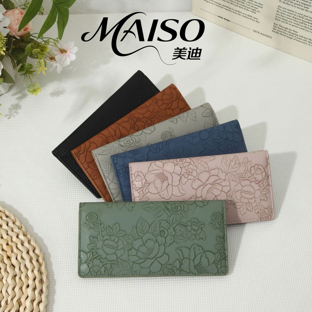 Dompet Wanita Simpel elegan Panjang RFID Baru Pemegang Kartu Lipat Dua Kulit Mikrofiber Embos Fungsi