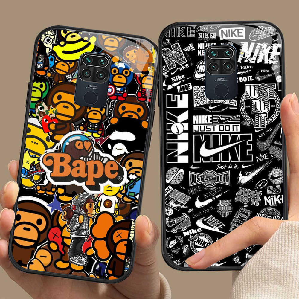 HM-54 Fashion Sports Bape HD Glass Casing untuk Xiaomi Redmi Note9 9S Poco M2 X3 NFC Pro