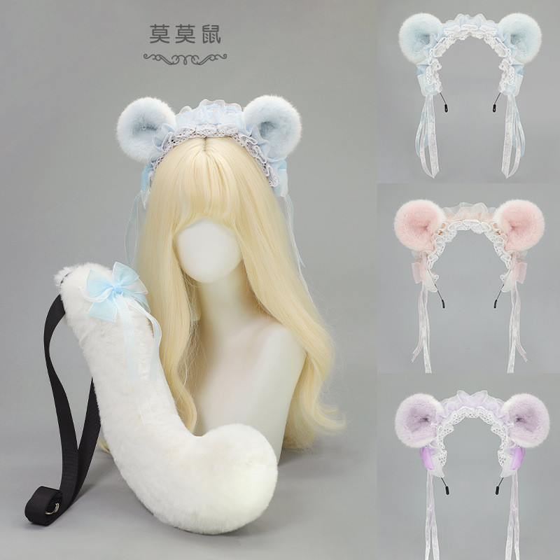 Cosplay Bando buatan tangan, telinga hewan, hamster lucu berbulu lembut, set bando  ekor tupai terba