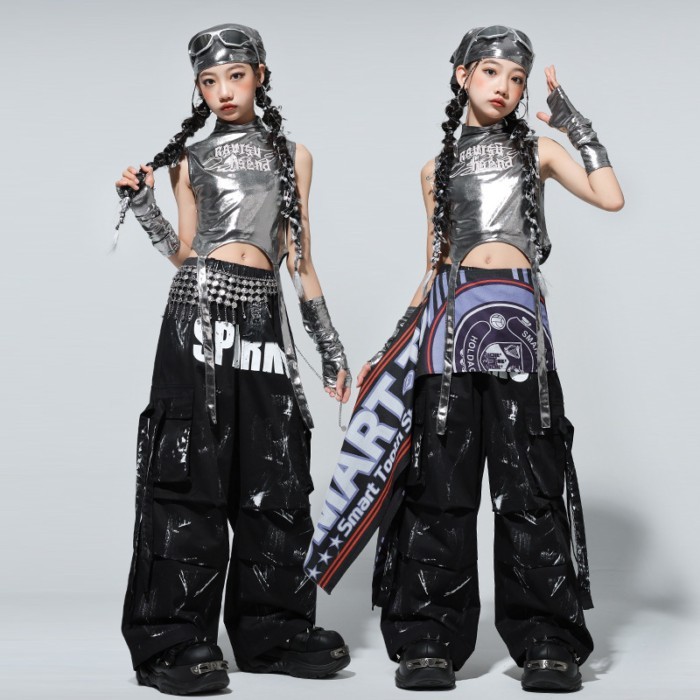 Street Dance Jazz Dance Girls Costumes Bright Leather Tops Fashionable Children's Jazz Dance Perfor