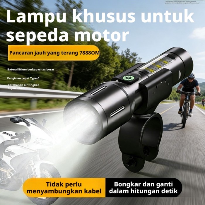 Lampu berkendara malam sepeda motor, senter cahaya yang kuat, pengisian daya untuk pendakian gunung