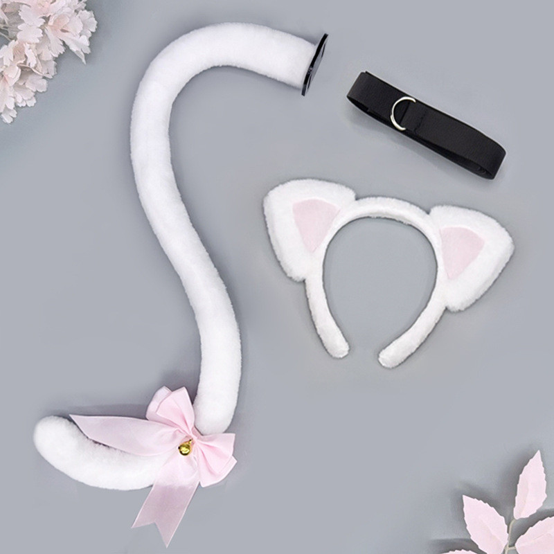 Cosplay Headband Lolita buatan tangan, aksesoris kepala gadis lucu, set telinga  ekor kucing berbulu