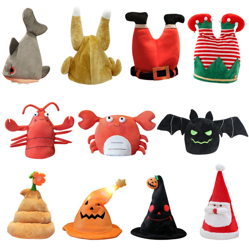 Manianan Boneka Anak Topi Natal, hiu, kaki ayam bergerak, topi labu, hadiah lelucon lucu, kalkun ele