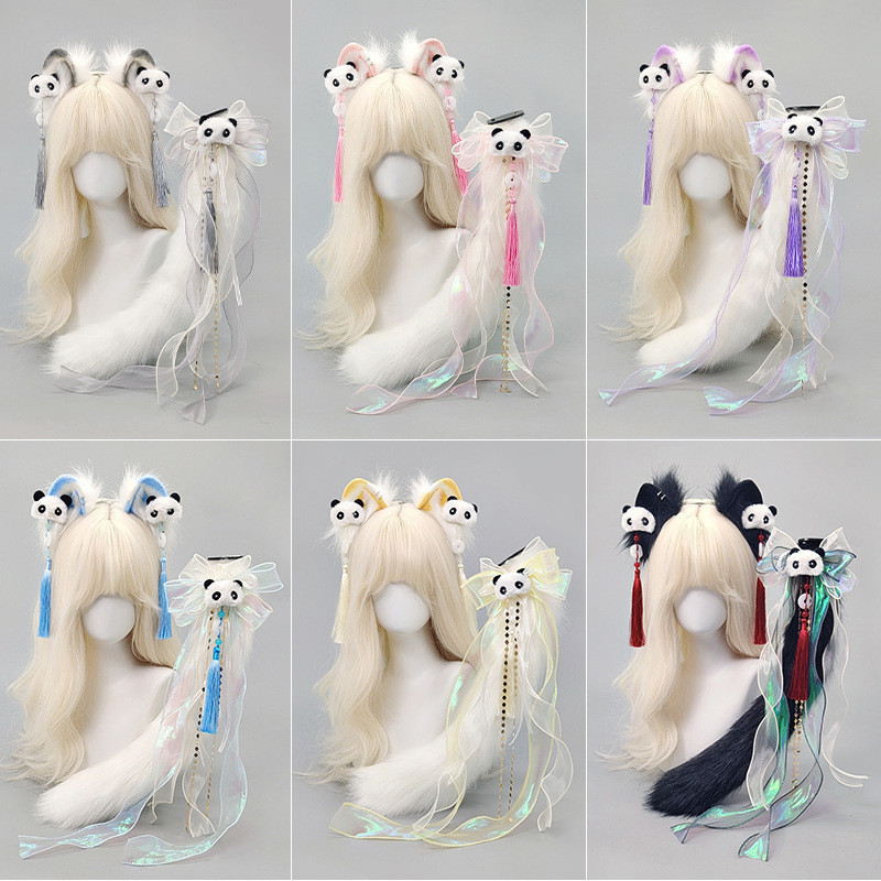 Cosplay Bando gaya Cina Lolita, aksesoris cosplay hewan subkultur, set telinga  ekor kucing berbulu 