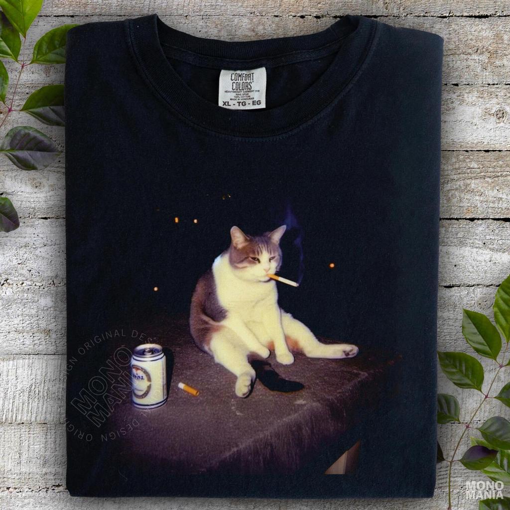 Kaos Meme Kucing Merokok Lucu, Kaos Kucing Rokok, Kaos Lelucon Gen Z, Hadiah Brainrot Konyol, Hadiah